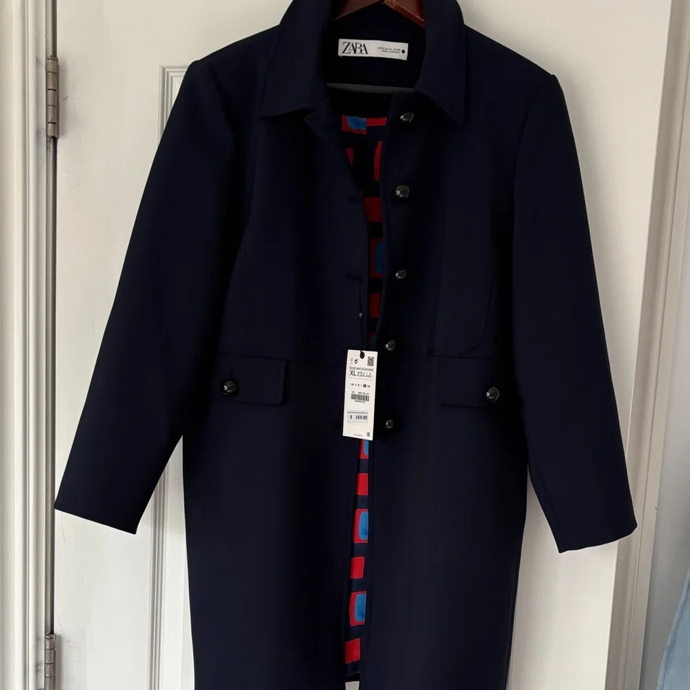 ZARA Navy Blue Polyester Car Coat - Picture 1 of 4